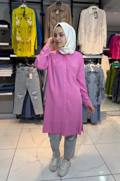 Uzun Boy Tensel Gömlek  Pembe