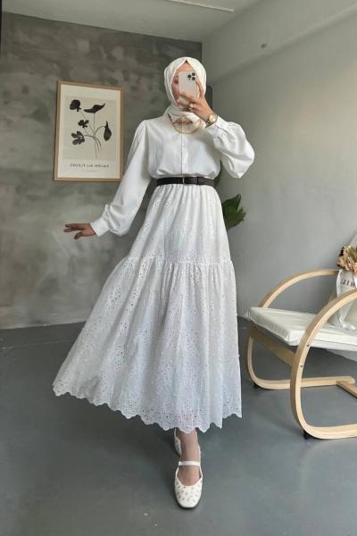 İncili Brode Etek Beyaz