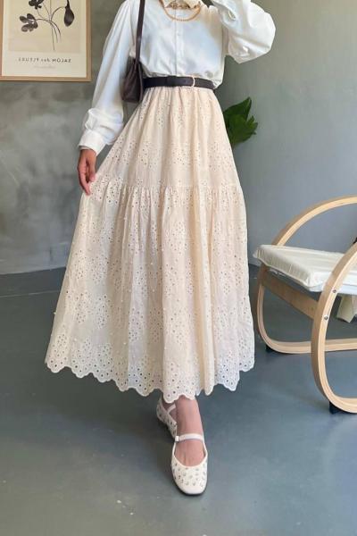 İncili Brode Etek Krem