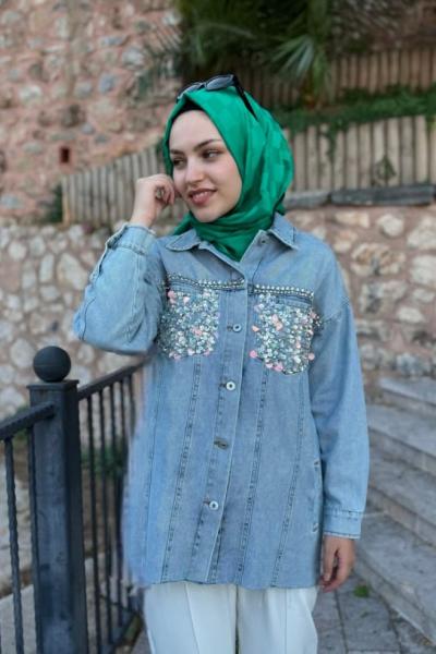 Cebi Pullu Kot Ceket  Açık Mavi