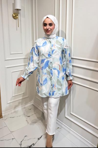 Mihra Gömlek  Turkuaz Beyaz