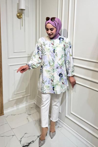 Mihraa Gömlek  Turkuaz Beyaz