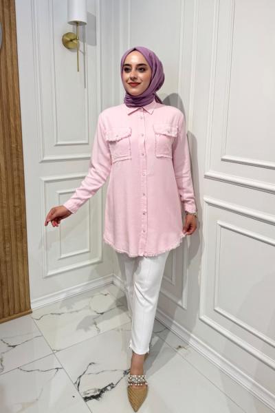 Püsküllü Tensel Gömlek Açık Pembe