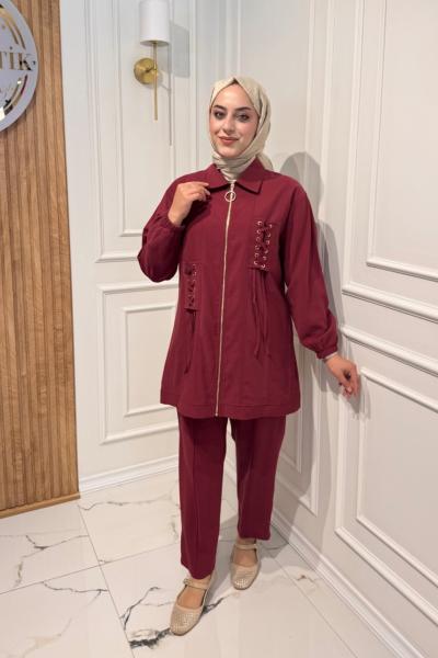 Bağcık Detaylı Takım  Bordo