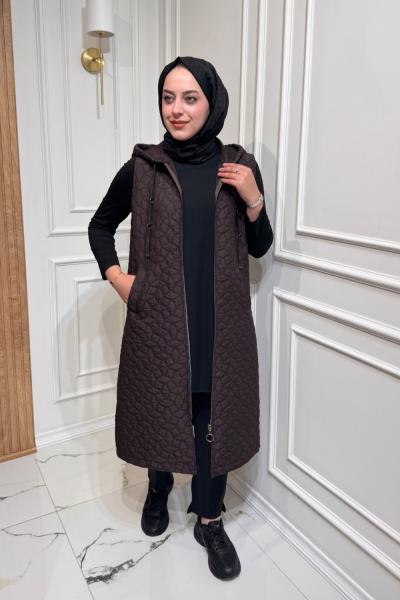 Uzun Kapitone Yelek Kahverengi