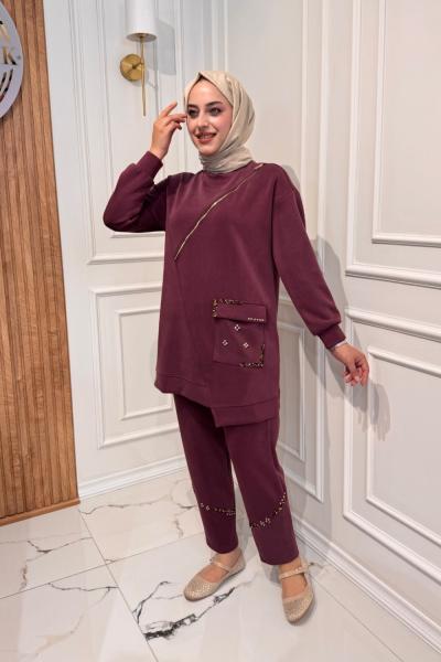 Cebi Taşlı Modal Takım  Bordo