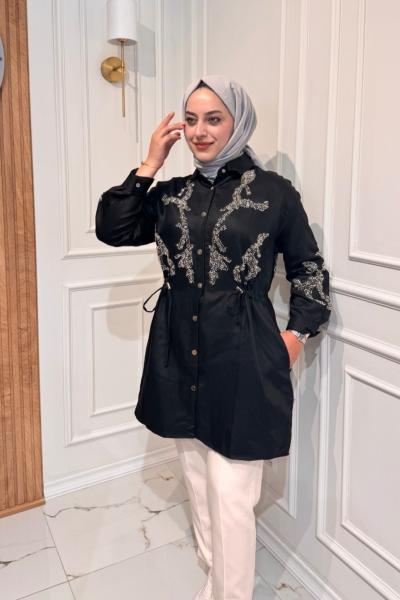 İşlemeli Uzun Tensel Ceket Siyah