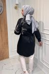 İşlemeli Uzun Tensel Ceket Siyah