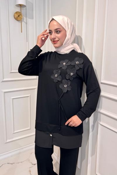 Çiçekli Modal Takım  Siyah