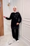 Çiçekli Modal Takım  Siyah