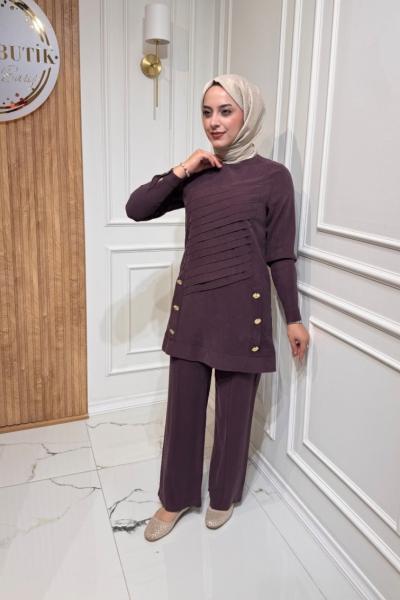 Düğme Detaylı Takım  Mürdüm