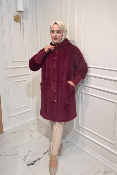 Gold Düğmeli Angora Kaban Bordo