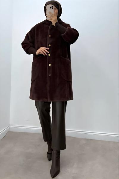 Gold Düğmeli Angora Kaban Kahverengi