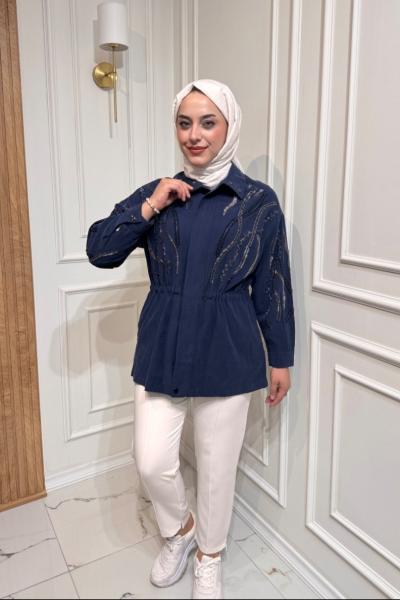 Boncuk İşlemeli Ceket Lacivert