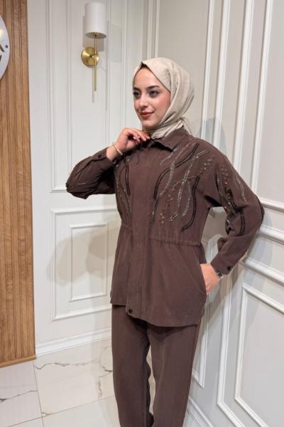 Boncuk İşlemeli Ceket Kahverengi