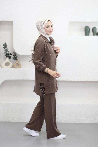 Yanları Halkalı Modal Takım  Kahverengi