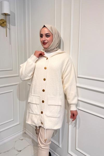 Angora Kapşonlu Hırka Ekru
