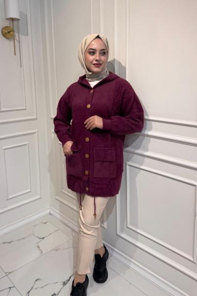 Angora Kapşonlu Hırka Vişne