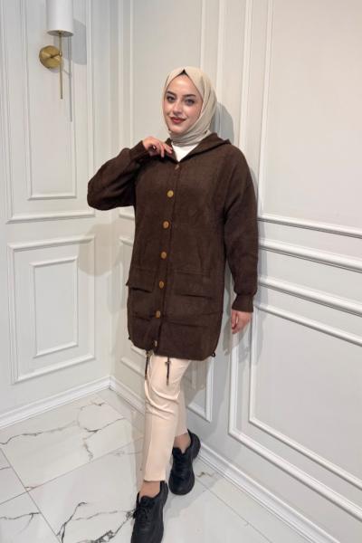 Angora Kapşonlu Hırka Kahverengi