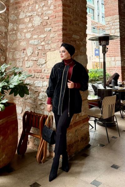 Çift Fermuarlı Kap  Siyah