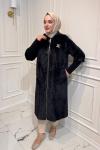 Uzun Angora Fermuarlı Kaban  Siyah