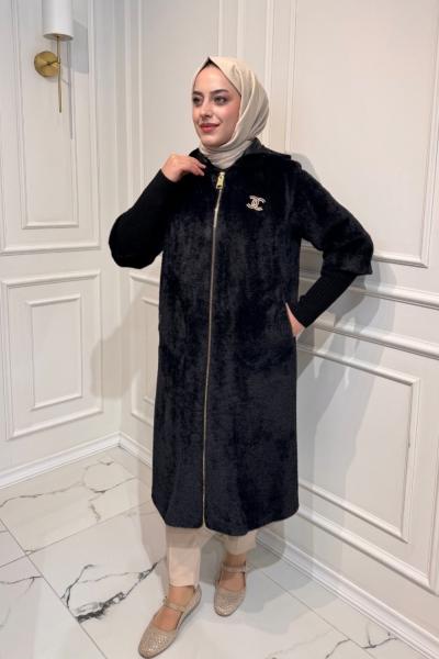 Uzun Angora Fermuarlı Kaban  Siyah