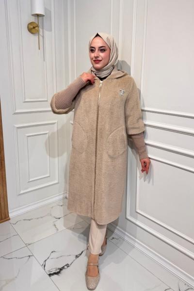 Uzun Angora Fermuarlı Kaban  Bej