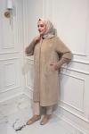 Uzun Angora Fermuarlı Kaban  Bej