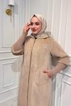 Uzun Angora Fermuarlı Kaban  Bej