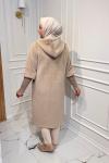 Uzun Angora Fermuarlı Kaban  Bej