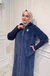 Uzun Angora Fermuarlı Kaban  Lacivert