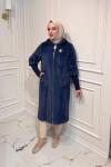 Uzun Angora Fermuarlı Kaban  Lacivert