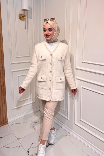 Angora Sim Detaylı Hırka  Ekru