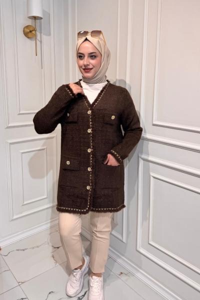 Angora Sim Detaylı Hırka  Kahverengi