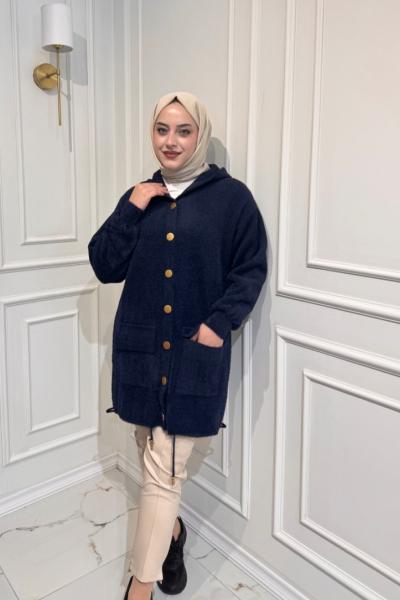 Angora Kapşonlu Hırka Lacivert