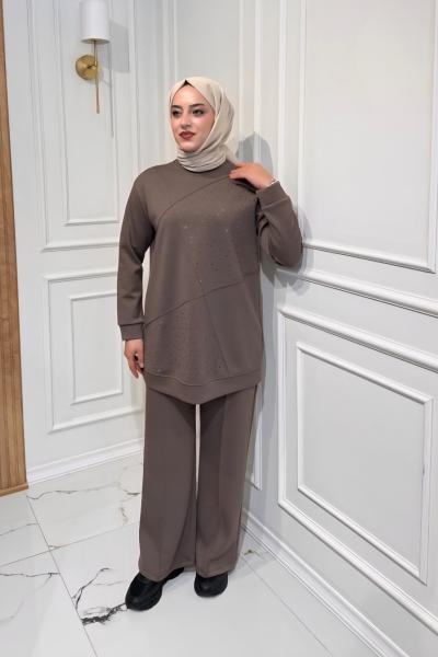 Taşlı Modal Takım  Kahverengi