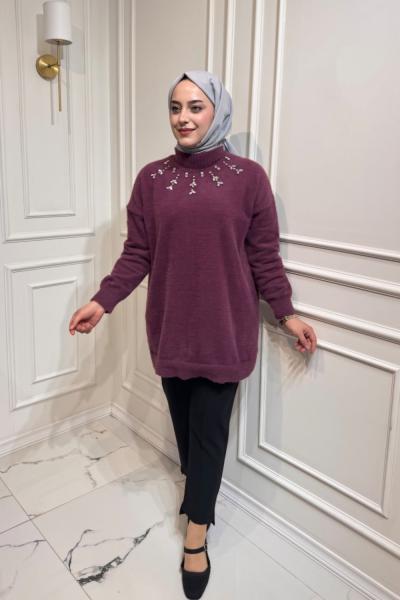 Angora Taşlı Kazak  Mürdüm