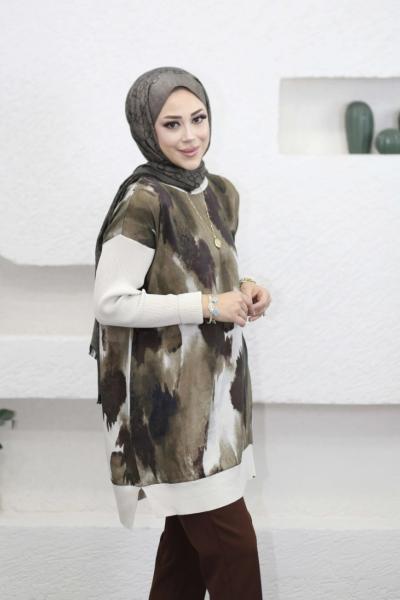 Triko Kollu Desenli Kupra Tunik Bej