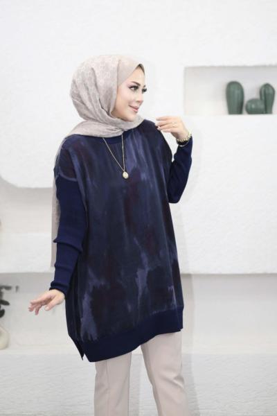 Triko Kollu Desenli Kupra Tunik Mor