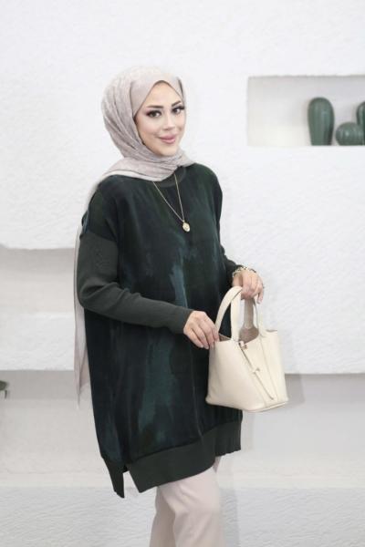 Triko Kollu Desenli Kupra Tunik Yeşil