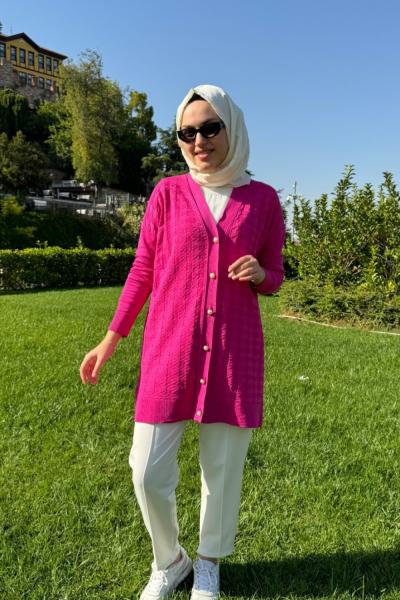 Kazayağı Desenli Merserize Hırka  Fuşya