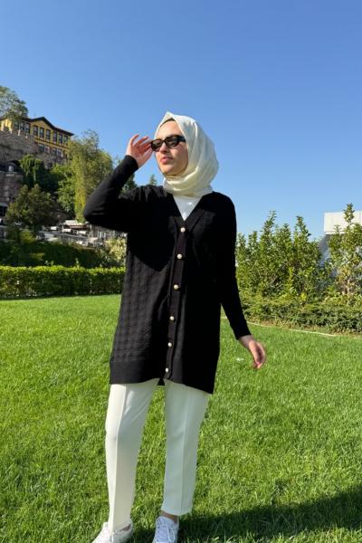 Kazayağı Desenli Merserize Hırka  Siyah