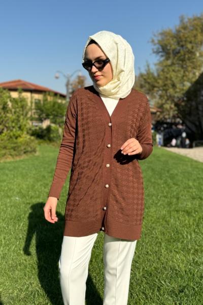 Kazayağı Desenli Merserize Hırka  Kahverengi