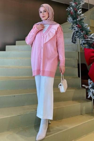 Merserize Fırfırlı Hırka  Pembe