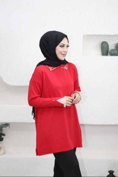 Yakası Taşlı Kolu Fırfırlı Merserize Tunik Kırmızı