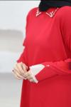Yakası Taşlı Kolu Fırfırlı Merserize Tunik  Kırmızı