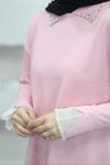 Yakası Taşlı Kolu Fırfırlı Merserize Tunik  Pembe