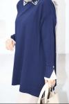 Yakası Taşlı Kolu Fırfırlı Merserize Tunik  Lacivert