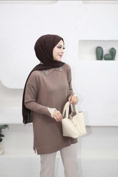 Yakası Taşlı Kolu Fırfırlı Merserize Tunik Vizon