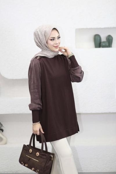 Düğme Detaylı Kupra Tunik  Kahverengi